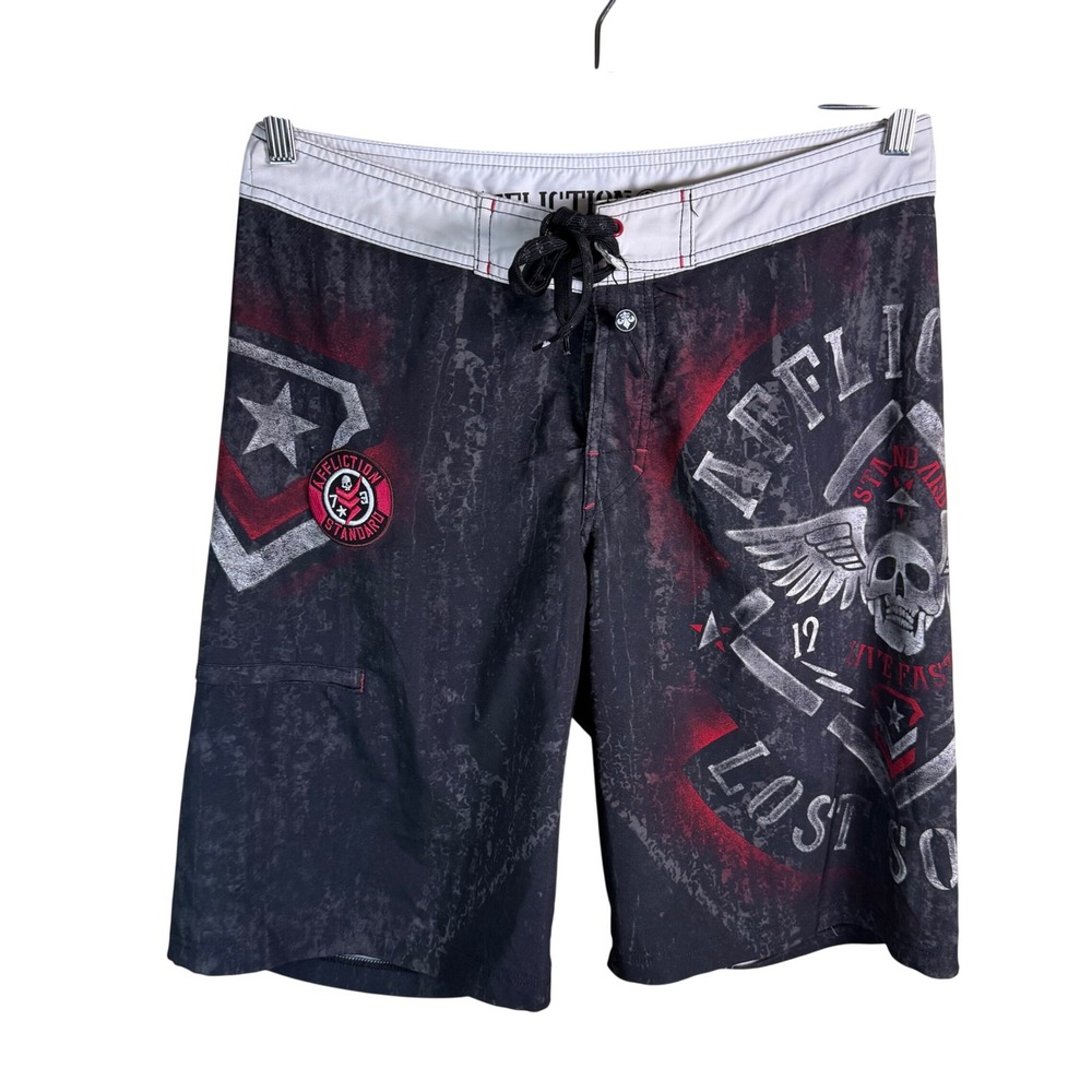 Affliction Board Shorts Mens 32 Black Graphic Skull Wings Y2K Grunge Streetwear